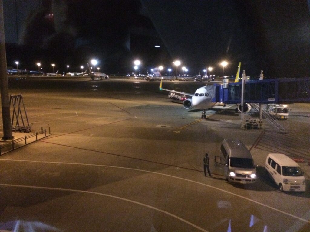 中部国際空港の駐機場で、乗客がタラップ前に待機させられていた際の機体写真(JW104便)