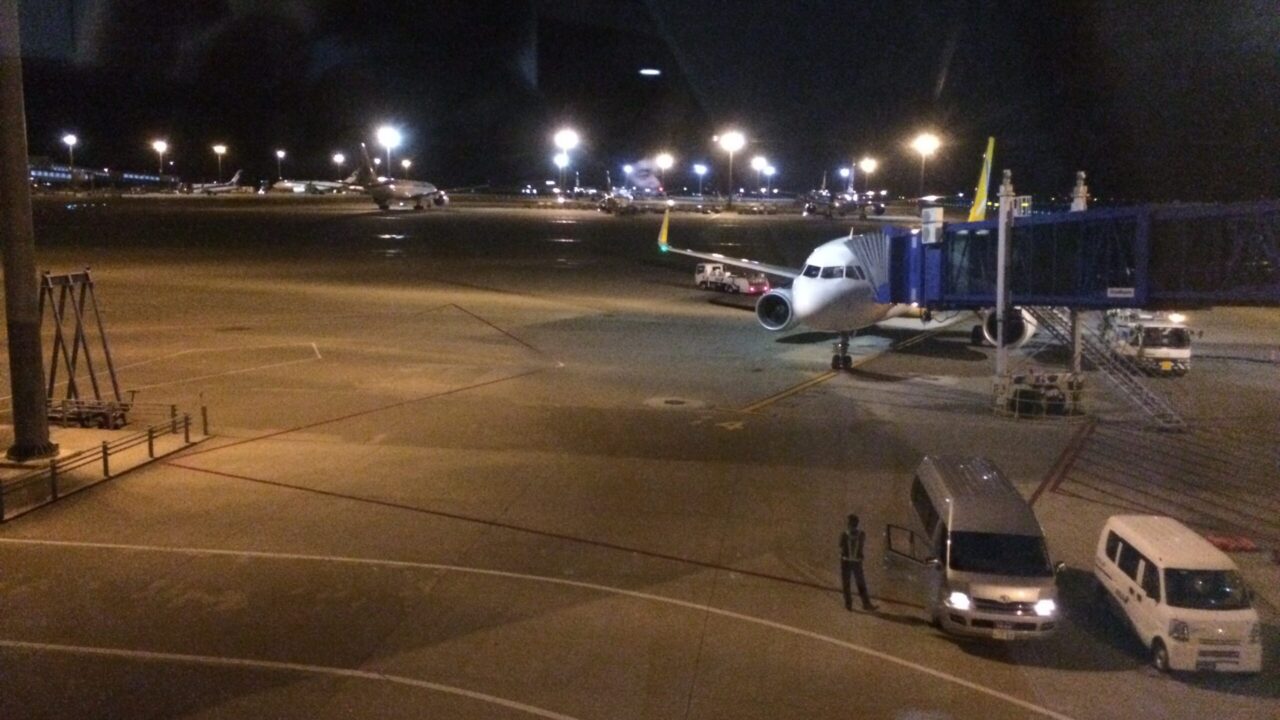 中部国際空港の駐機場で、乗客がタラップ前に待機させられていた際の機体写真（JW104便）