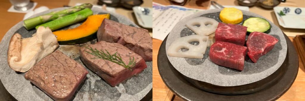 毎年楽しみにしている牛肉料理。今年(右)には添えられていたローズマリーが見当たらず、どこか“違和感”を覚えた。